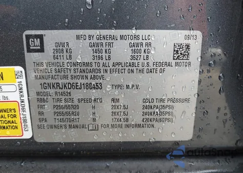 2014 Chevrolet Traverse Ltz from USA, damaged, VIN 1GNKRJKD6EJ180453